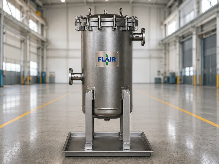 Flair bag filter housing installed on a process line