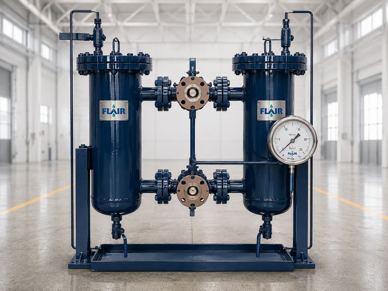 Flair twin chamber duplex filter with transflow changeover valve