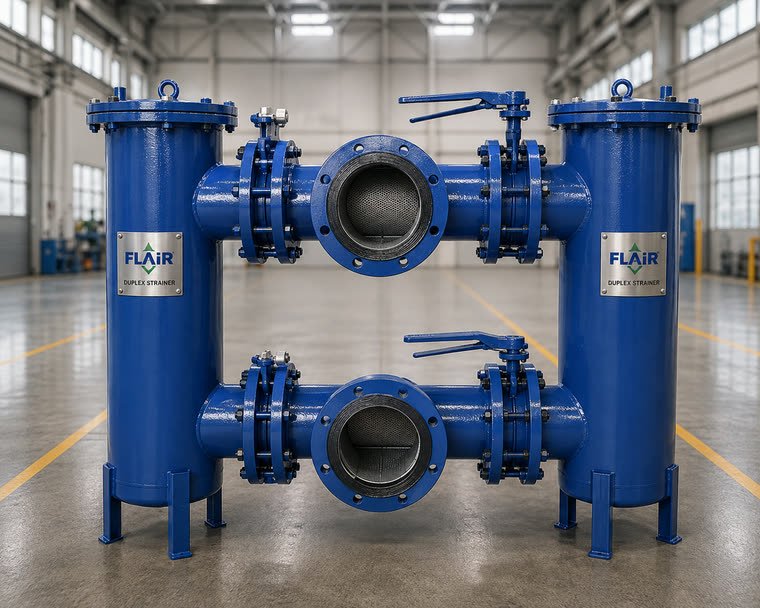 Flair twin basket duplex strainer with three way transflow valve