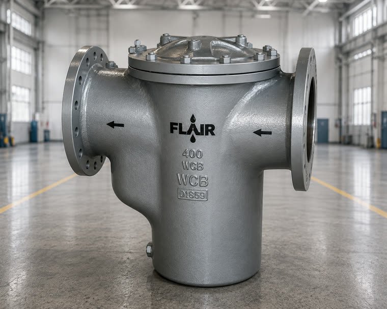 Flair cast pot strainer on a pump suction line