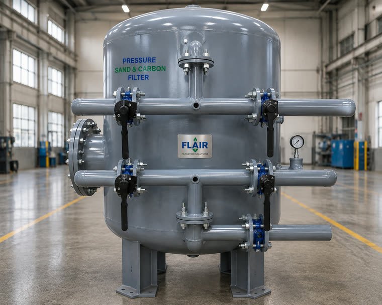 Flair pressure sand and activated carbon filter vessels installed on a raw water line